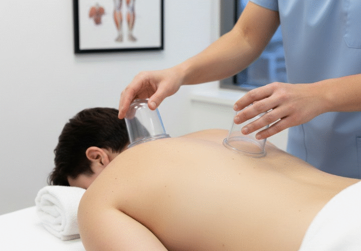 AHPRA-registered practitioner applying clinical glass cupping therapy on a patient's back at Acuvia East Melbourne.