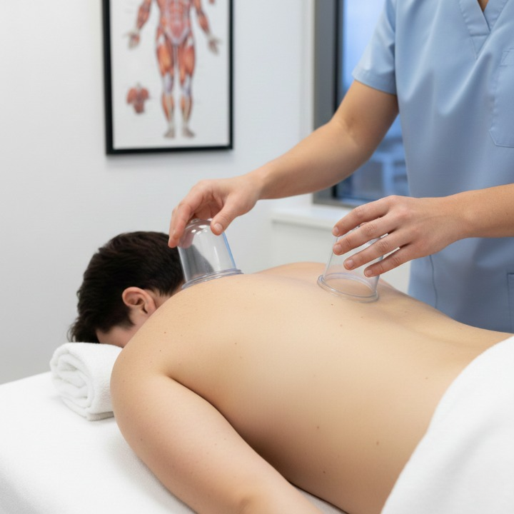 AHPRA-registered practitioner applying clinical glass cupping therapy on a patient's back at Acuvia East Melbourne.