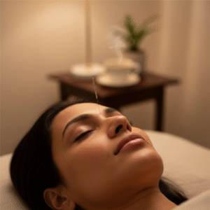 Close-up of clinical acupuncture at the Yintang point for insomnia and stress relief at Acuvia Acupuncture Clinic East Melbourne.