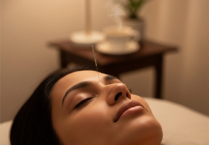 Close-up of clinical acupuncture at the Yintang point for insomnia and stress relief at Acuvia Acupuncture Clinic East Melbourne.