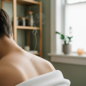 Close-up of trigger point acupuncture in the upper trapezius muscle for neck and shoulder pain relief at Acuvia Clinic.