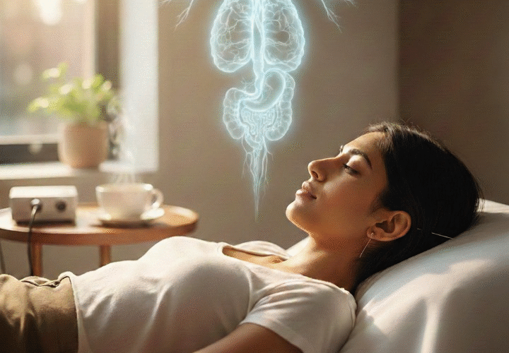 A professional clinical illustration of acupuncture points in the ear and neck used for vagus nerve stimulation at Acuvia Acupuncture Clinic.