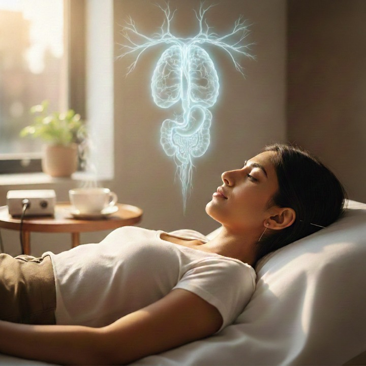 A professional clinical illustration of acupuncture points in the ear and neck used for vagus nerve stimulation at Acuvia Acupuncture Clinic.