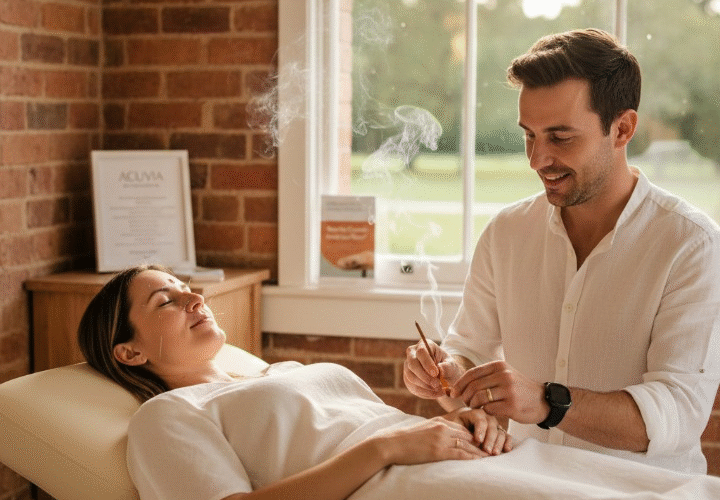 Clinical acupuncture treatment for hay fever and allergy relief at Acuvia in East Melbourne. A professional practitioner applying needles and moxibustion to a patient in a light-filled clinic near Jolimont Station.