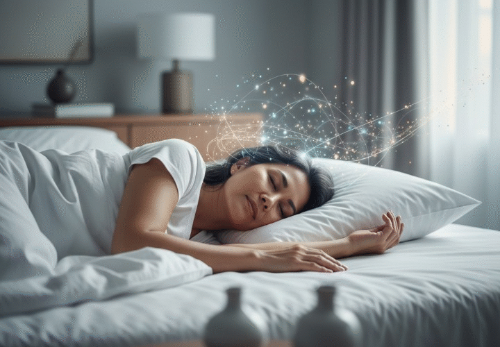 A peaceful woman sleeping comfortably, illustrating the results of hormonal balancing acupuncture for menopause at Acuvia Clinic.
