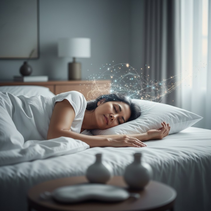 Menopause and Insomnia: Navigating Hormonal Sleep Disruptions 1 A peaceful woman sleeping comfortably, illustrating the results of hormonal balancing acupuncture for menopause at Acuvia Clinic.
